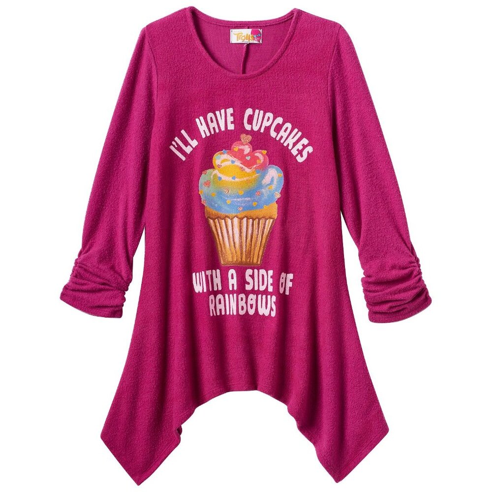 New! Trolls Movie Long Sleeve Sharkbite Tunic Top I'll Have Cupcakes